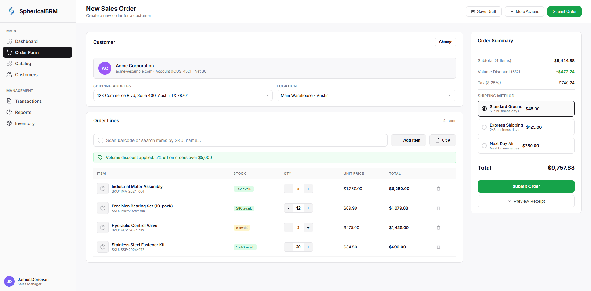 Spherical BRM Sales Order Form — create orders with line items and shipping