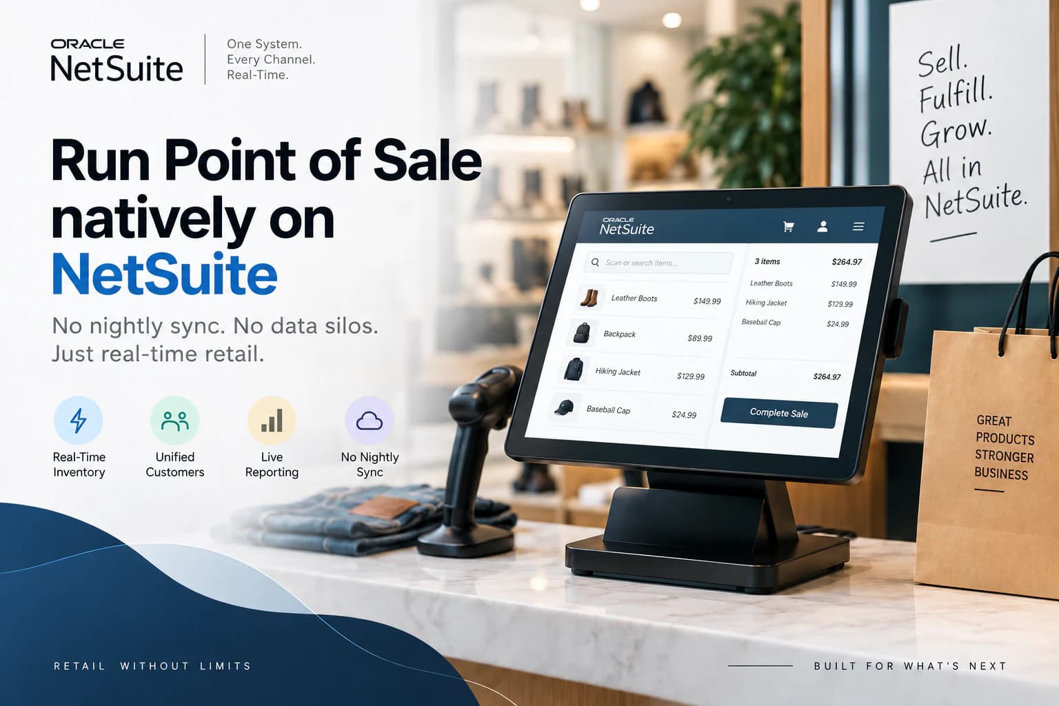 NetSuite-native point-of-sale terminal in a modern retail store, highlighting real-time inventory, unified customers, live reporting, and no nightly sync