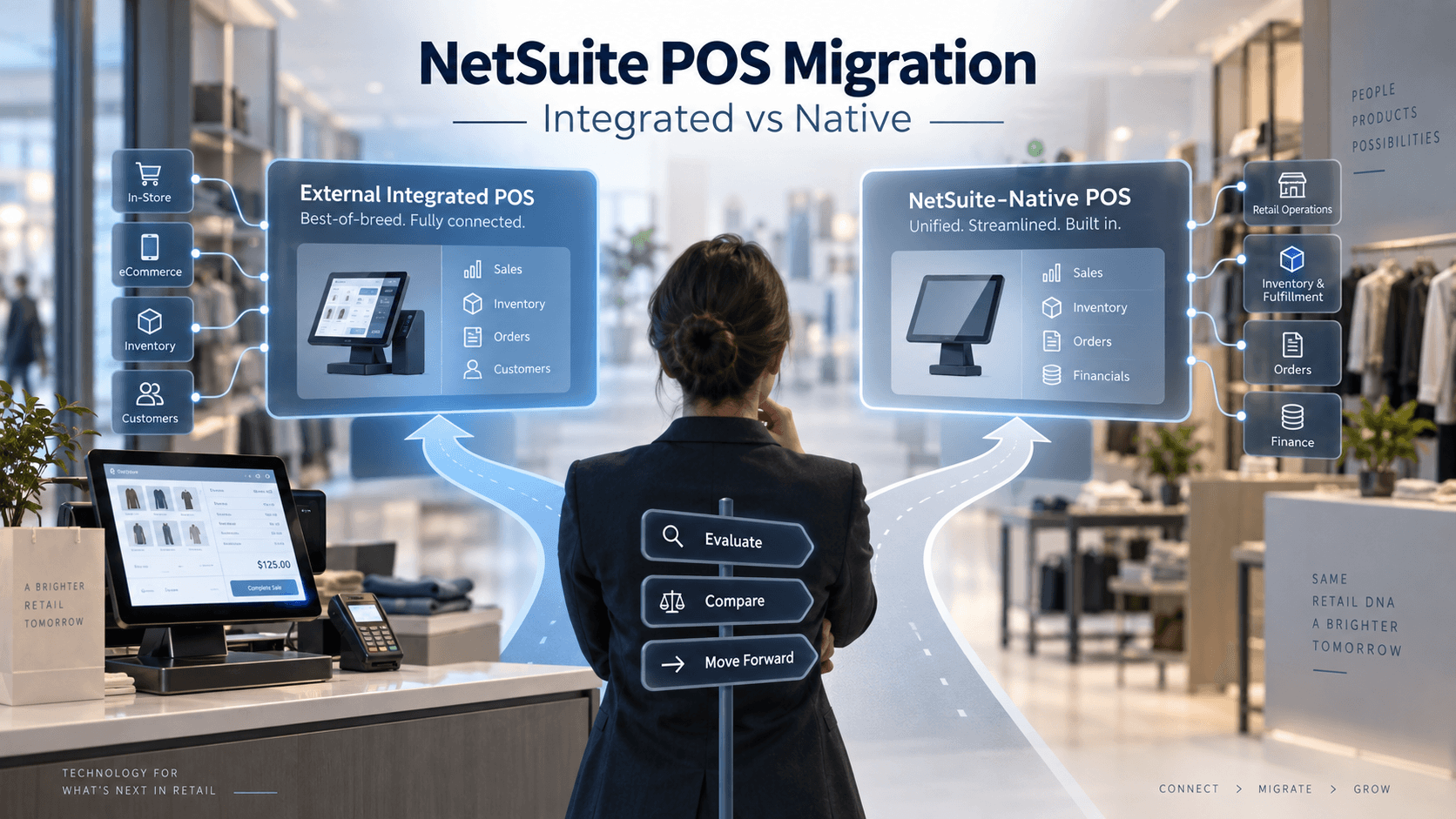 NetSuite POS migration decision — a retailer comparing an external integrated POS against a NetSuite-native POS in a modern store